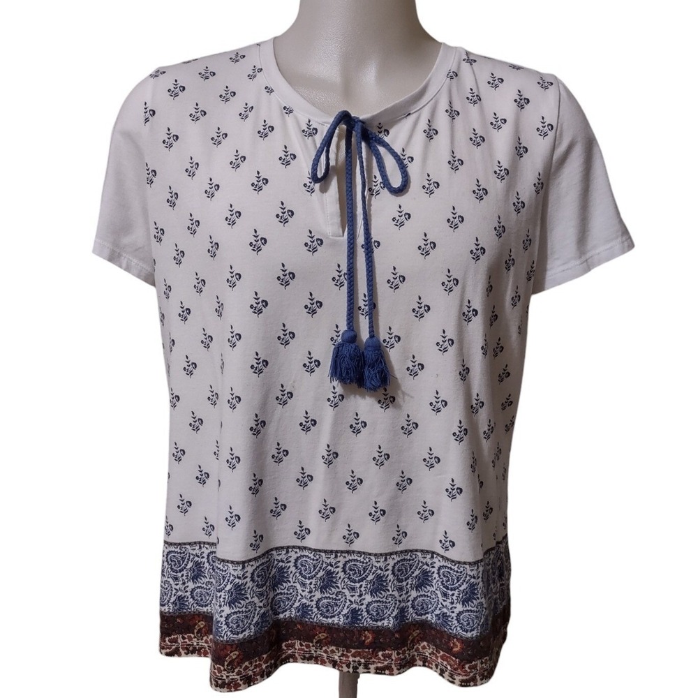 Rebecca Malone Shirt Woman's Size XLarge White With Blue Floral Design Tie Front
